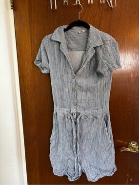 Striped Blue-White Short Sleeve Button Romper Dress